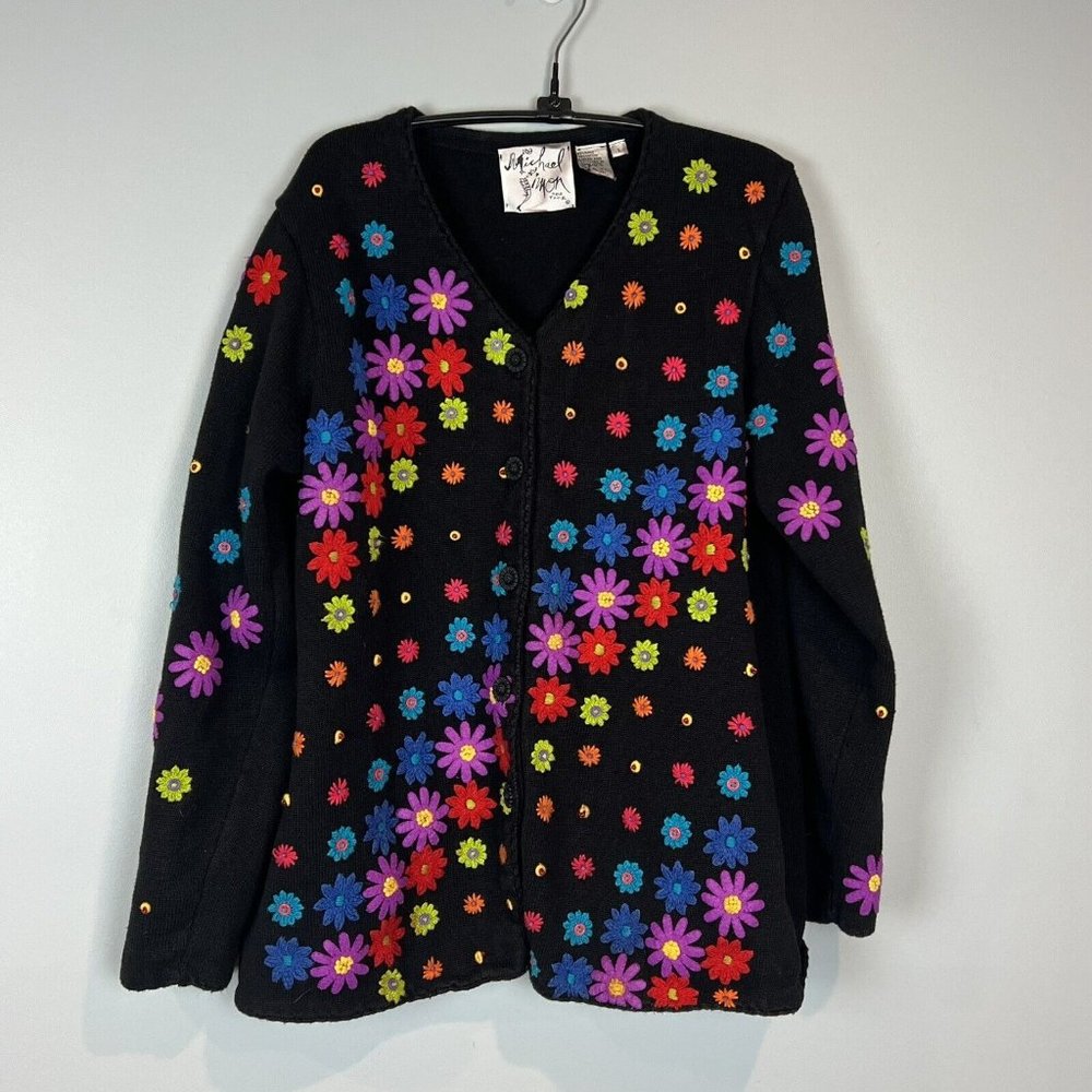 Michael Simon Floral Cardigan Sweater Womens Size Large Colorful